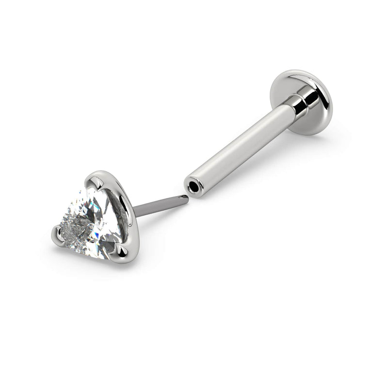 14k white gold trillion diamond threadless flat back labret with push-pin end detached, full stud view