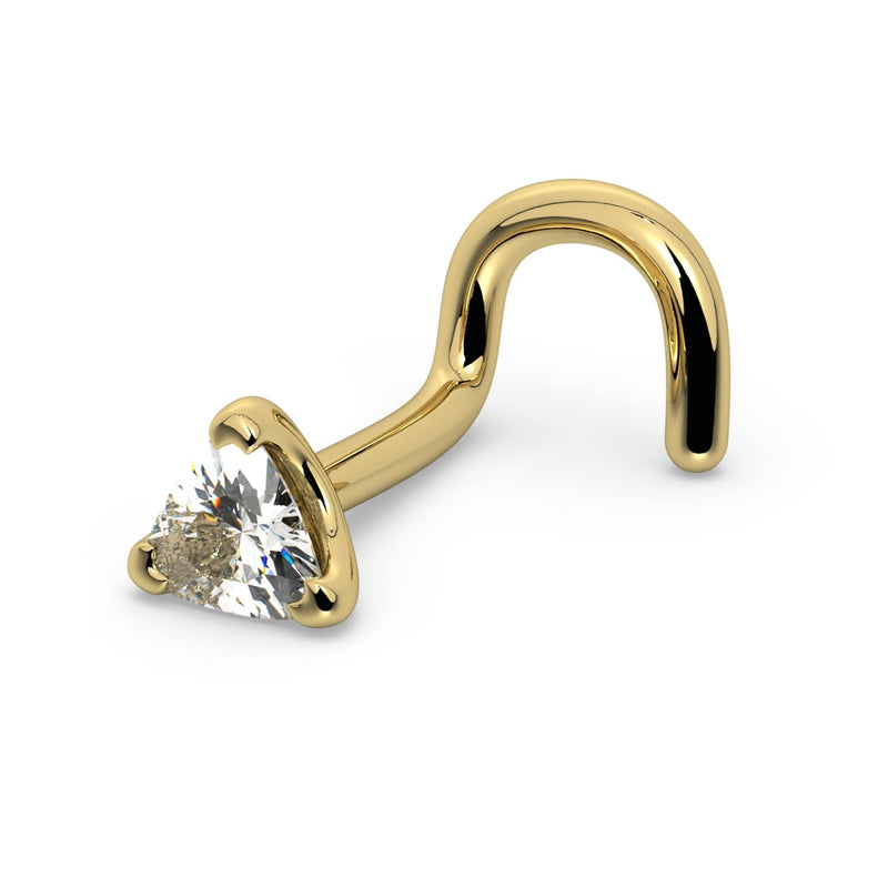 14k yellow gold trillion-cut diamond nose ring with twist screw backing, angled side view