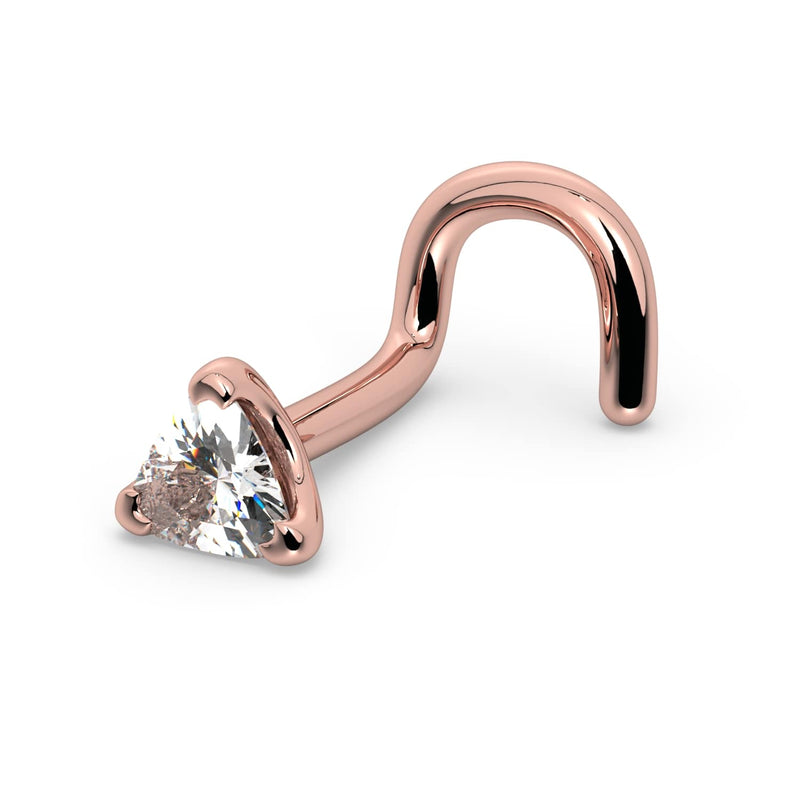 14k rose gold trillion-cut diamond nose ring with twist screw backing, angled view