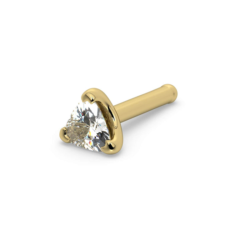 3mm trillion diamond nose bone stud in 14k yellow gold showing straight post and ball end