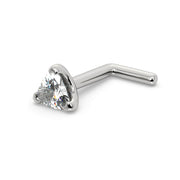 14k white gold 3mm trillion diamond nose ring with L-post backing, angled side view