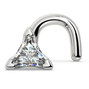 14k white gold 3mm triangle diamond nose ring with twist screw style, angled view