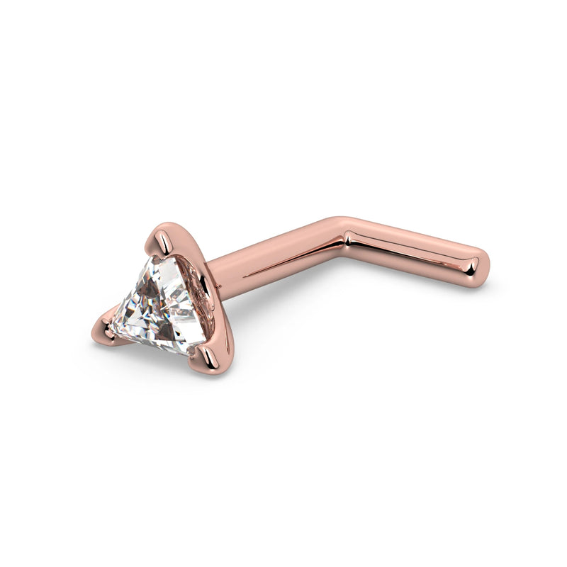 14k rose gold triangle-cut diamond nose ring with L-post style, angled view showing bend