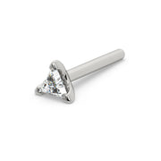 14k white gold 3mm triangle diamond straight post nose stud, full length pin view