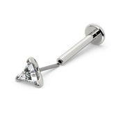 14k white gold triangle diamond threadless flat back labret with push pin end separated to show assembly