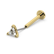 14k yellow gold triangle diamond threadless flat back labret with push pin end separated to show assembly
