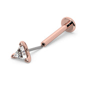 14k rose gold triangle diamond threadless flat back labret with push pin end separated to show assembly