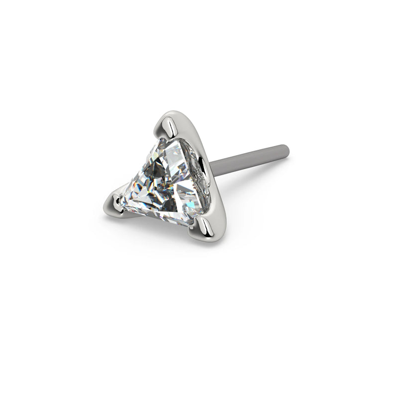 14k white gold 3mm triangle diamond threadless end only with titanium push pin post, angled view