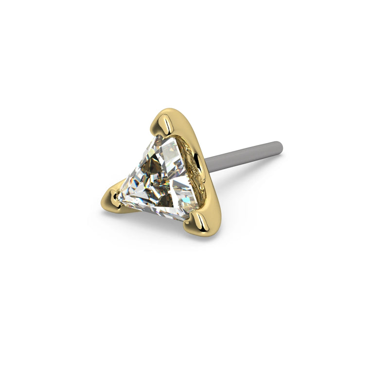 14k yellow gold 3mm triangle diamond threadless end only with titanium push pin post, angled view