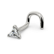 14k white gold triangle diamond nose ring twist screw style, side profile showing curved post
