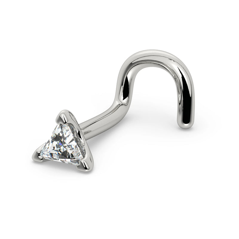 14k white gold triangle diamond nose ring twist screw style, side profile showing curved post