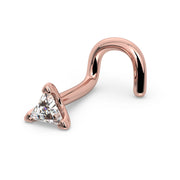 14k rose gold triangle diamond nose ring twist screw style, side profile showing curved post