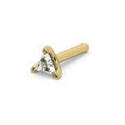 14k yellow gold 3mm triangle diamond nose bone stud, angled view showing straight pin post