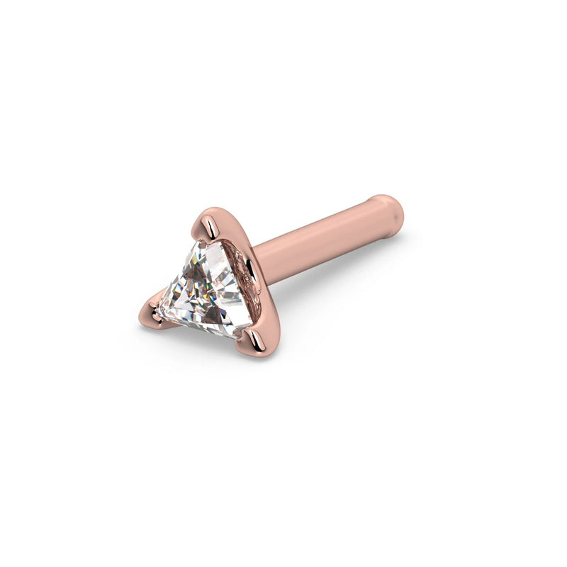 14k rose gold 3mm triangle diamond nose bone stud, angled view showing straight pin post