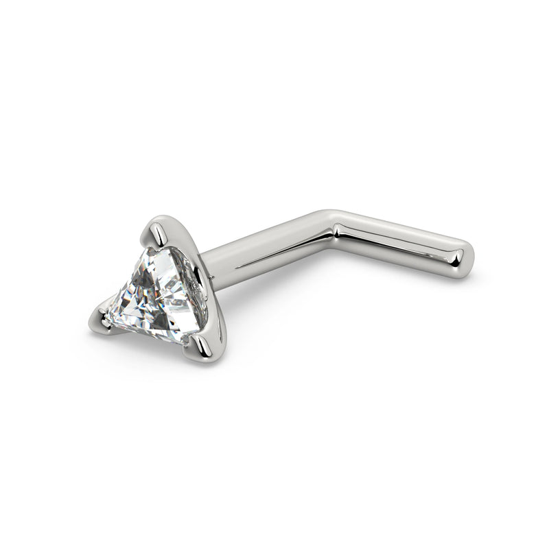 14k white gold triangle-cut diamond nose ring with L-post style, angled view showing bend