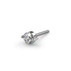 14k white gold duo-prong VS1 diamond threadless stud end, angled side view showing pin post