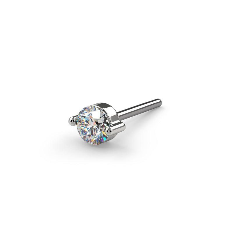 14k white gold duo-prong VS1 diamond threadless stud end, angled side view showing pin post