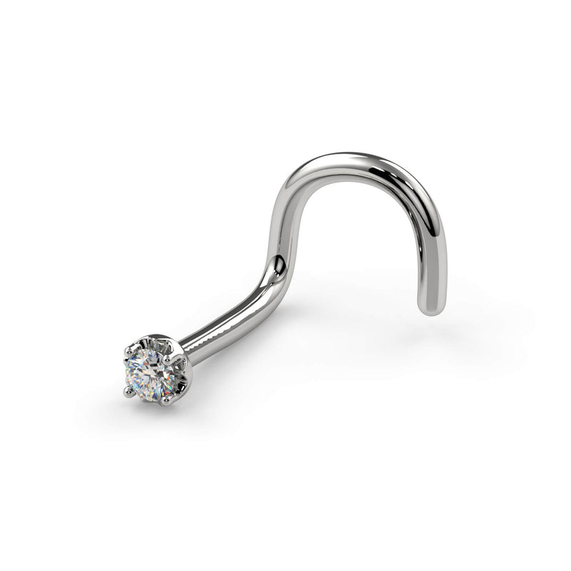 Platinum illusion VS1 diamond twist nose ring, angled view showing corkscrew post and multi-prong setting