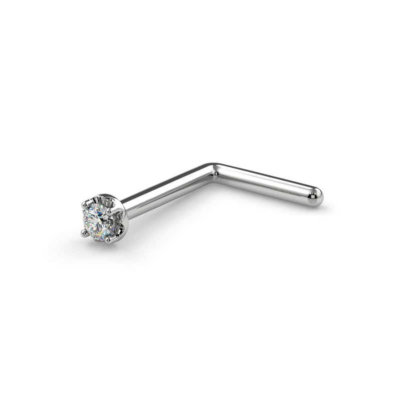 14k white gold illusion VS1 diamond nose stud L post style, showing angled bend and illusion setting