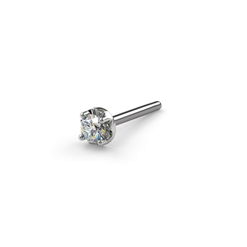 14k white gold illusion VS1 diamond nose stud straight post style, angled view showing illusion prong setting