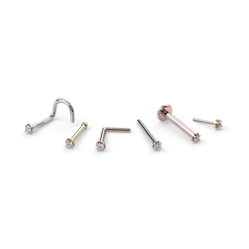 1.2mm VS1 diamond nose stud in all available backing styles: twist, bone, L post, straight, flatback, and pushpin