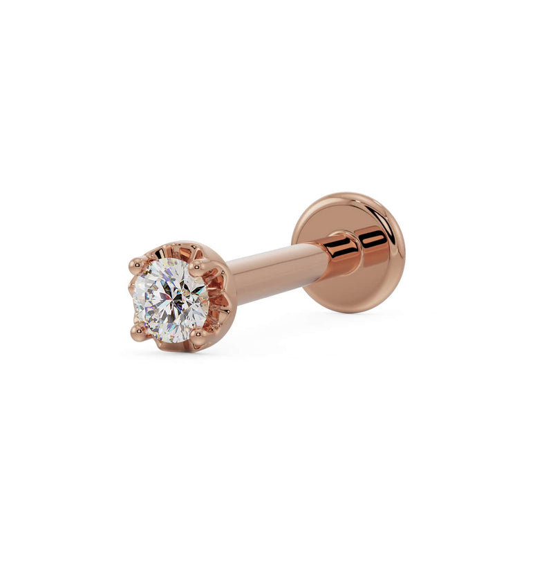 14k rose gold illusion VS1 diamond flat back labret stud, angled view with 3mm disc backing