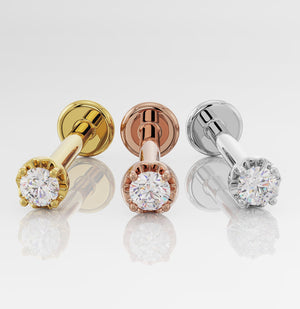VS1 diamond flat back stud in yellow gold, rose gold, and white gold shown side by side for metal comparison