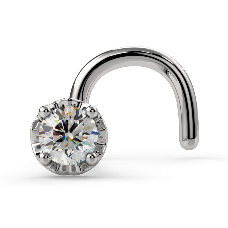 14k white gold illusion VS1 diamond nose ring twist style, front view showing scalloped setting