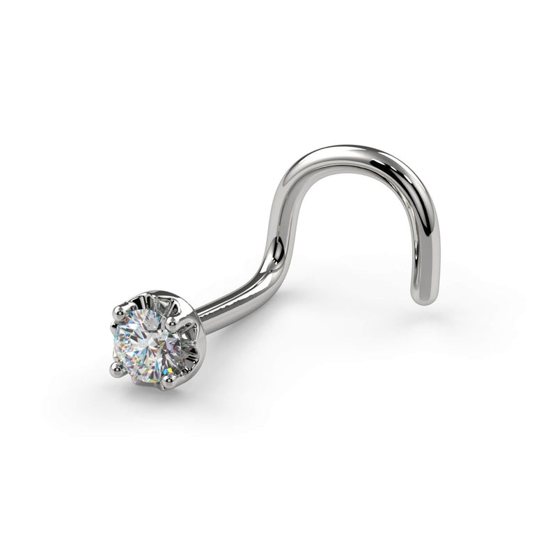 Side profile of 14k white gold illusion VS1 diamond nose screw showing full twist post length
