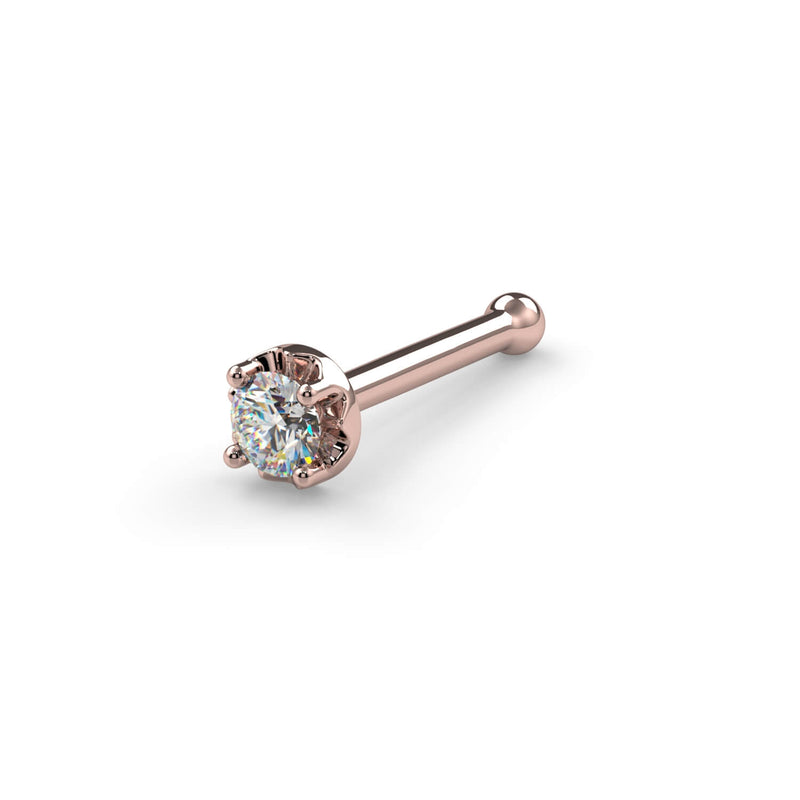 14k rose gold illusion VS1 diamond nose bone stud with ball end, side view of illusion setting