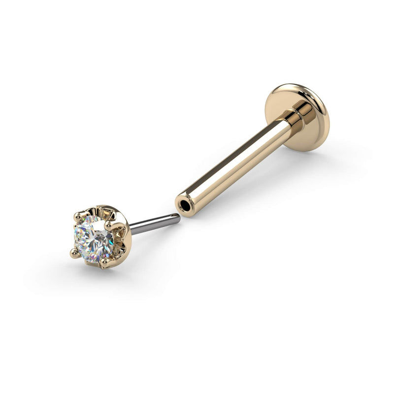 14k yellow gold VS1 diamond threadless push-pin flat back labret shown separated to display pin mechanism
