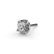 Close-up of white gold or platinum illusion VS1 diamond end with multi-prong crown setting and push-pin