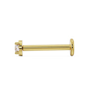 Side profile of 14k yellow gold 2mm diamond flat back labret showing post length and flat disc backing