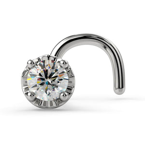 14k white gold illusion-set VS1 diamond nose ring twist style, front view showing prong detail