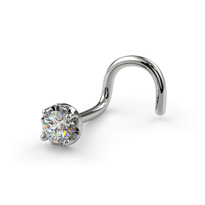 Side profile of 14k white gold illusion VS1 diamond nose ring showing twist backing curve