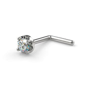 14k white gold 2mm VS1 diamond nose stud L-post style, side view showing angled post backing