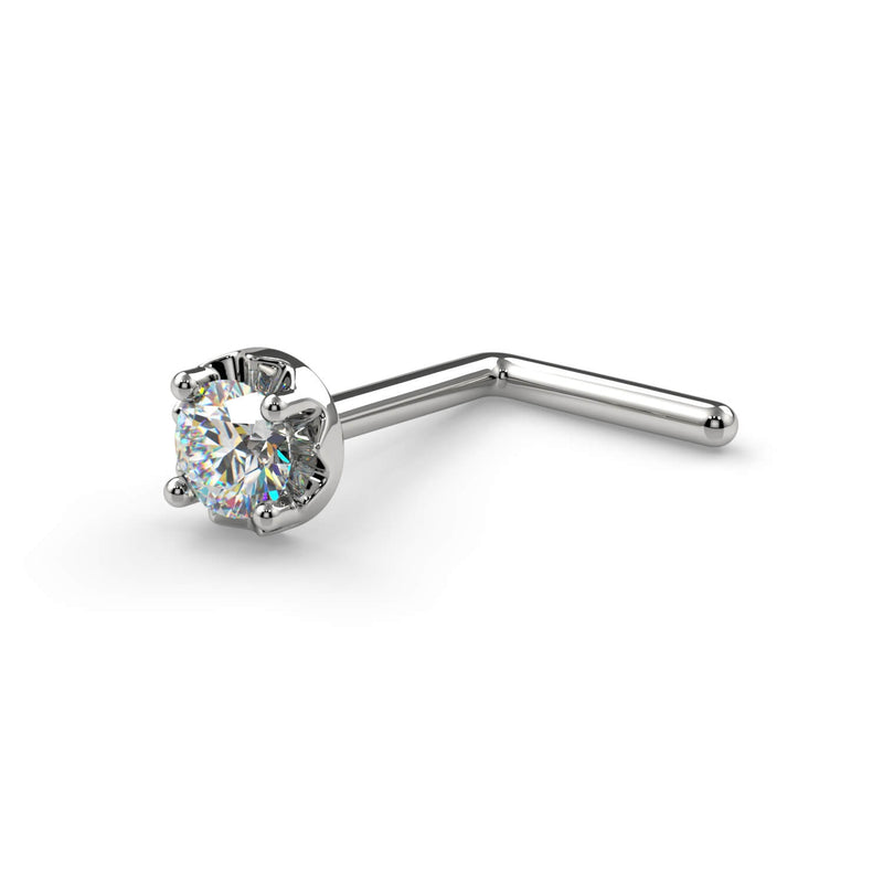 14k white gold 2mm VS1 diamond nose stud L-post style, side view showing angled post backing