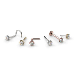 2mm VS1 diamond nose stud shown in all style variants: twist, bone, L-post, straight, flatback, and pushpin
