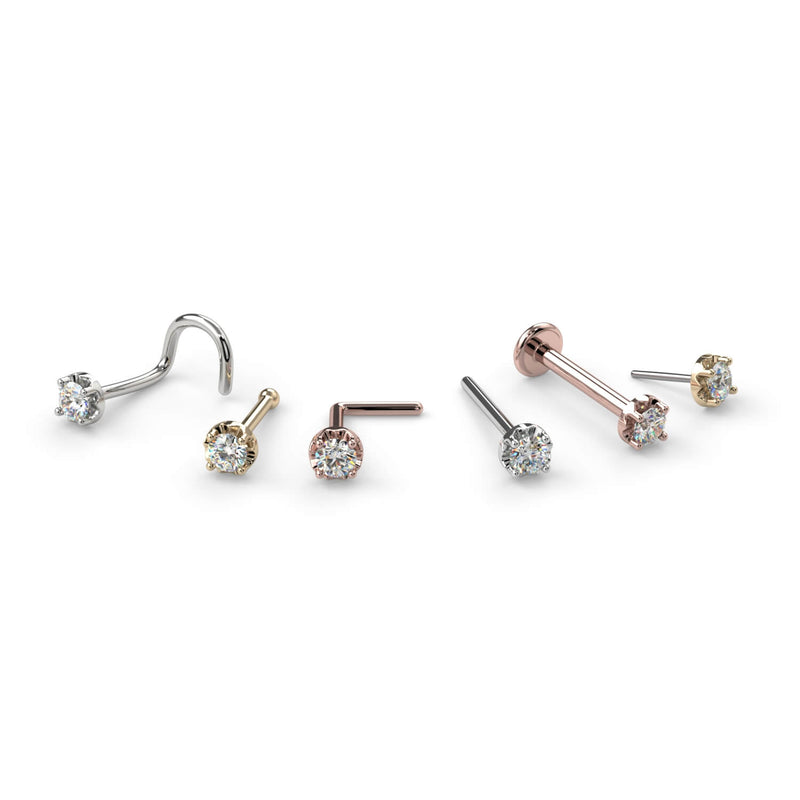 2mm VS1 diamond nose stud shown in all style variants: twist, bone, L-post, straight, flatback, and pushpin
