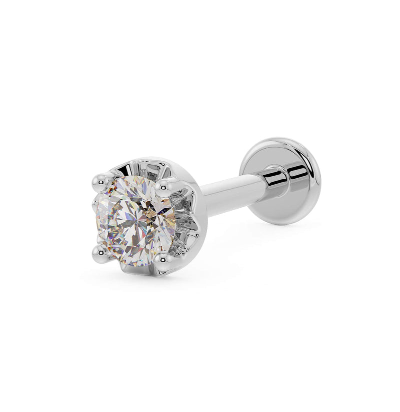 14k white gold illusion VS1 diamond flat back labret stud, angled view showing prong detail