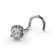 14k white gold 2.5mm illusion diamond nose ring twist style, angled view of scalloped crown setting