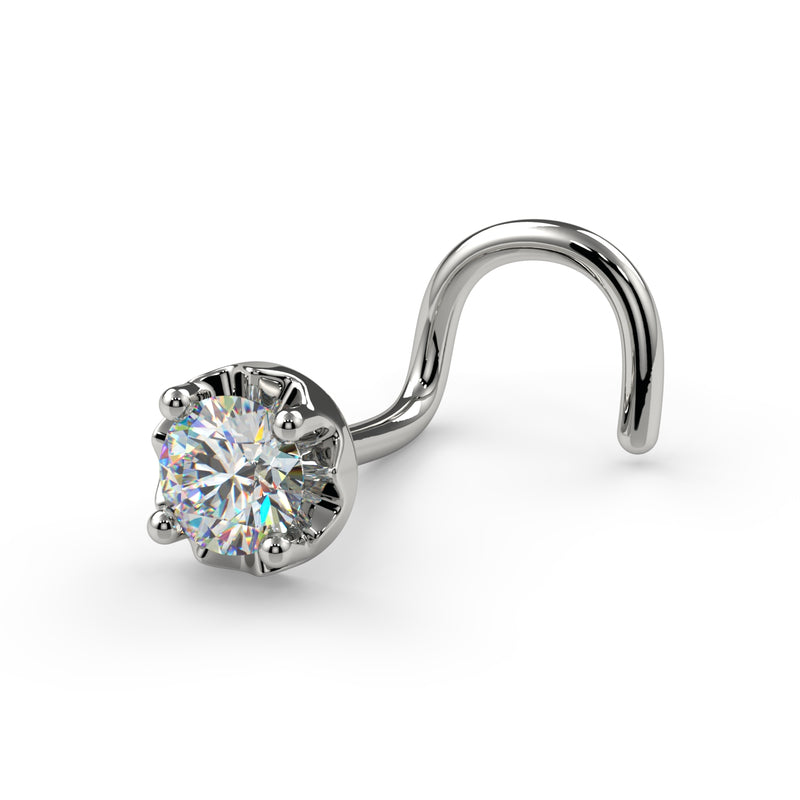 14k white gold 2.5mm illusion diamond nose ring twist style, angled view of scalloped crown setting