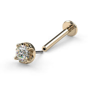 14k yellow gold illusion diamond threadless push-pin labret stud with pin tip visible, angled view