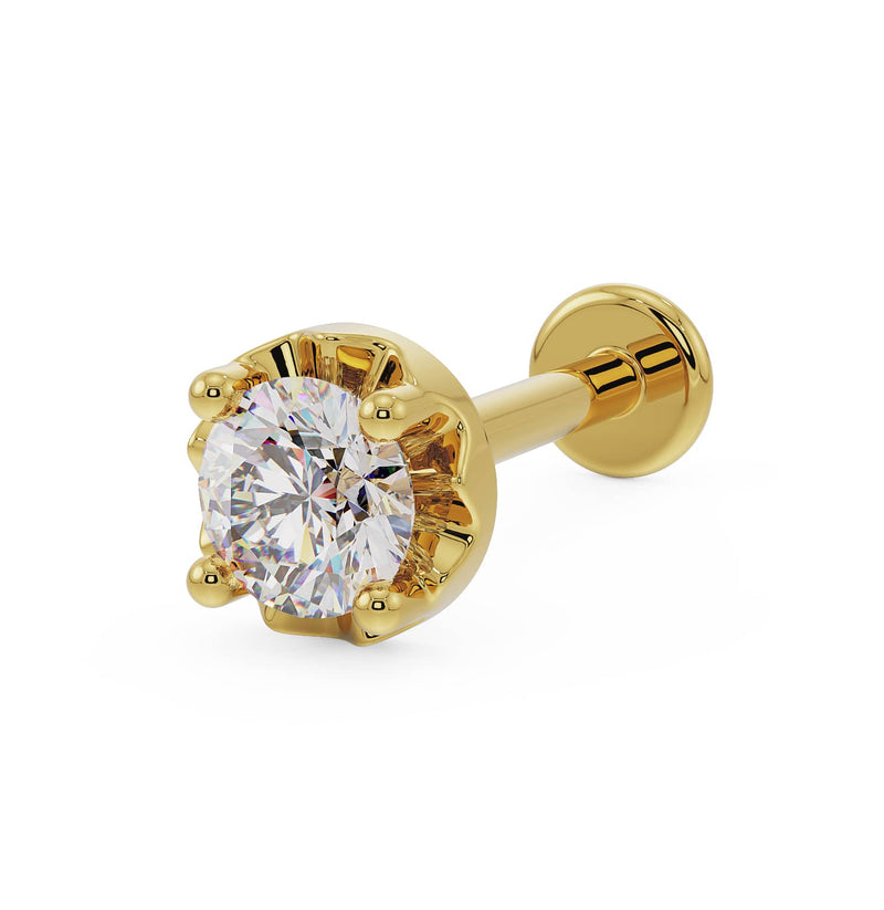 14K yellow gold 3mm illusion VS1 diamond flat back labret stud, angled view showing setting detail
