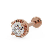 14K rose gold 3mm illusion VS1 diamond flat back labret stud, angled front view
