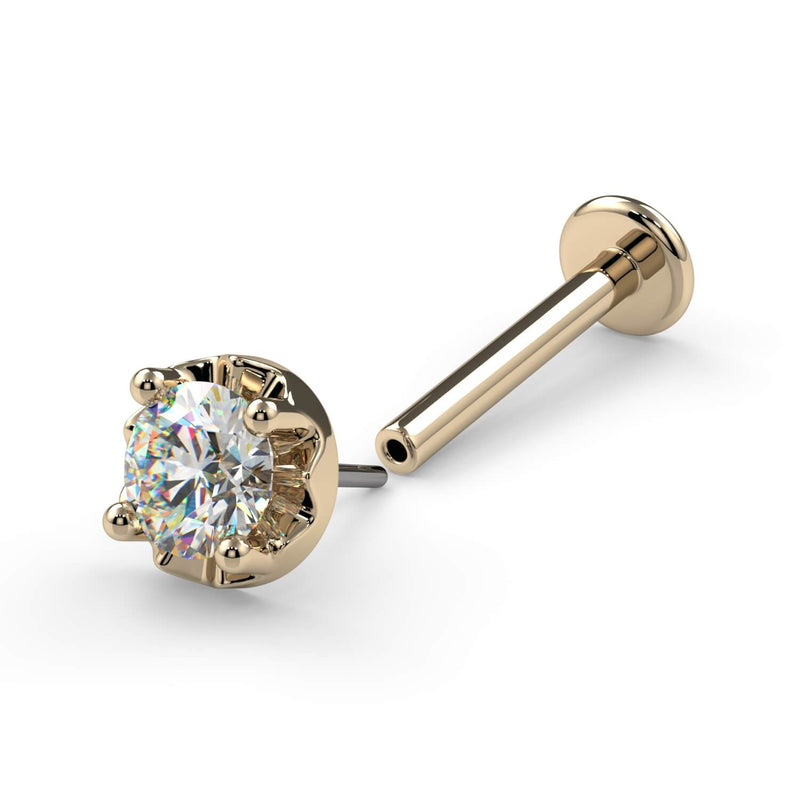 14K yellow gold 3mm VS1 diamond illusion labret stud with threadless push-pin end visible