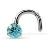 14k white gold aqua diamond nose ring twist style, front view of 3-prong Lumina setting