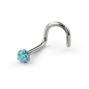 Side angle of 14k white gold aqua diamond twist nose ring showing screw shape and prong detail