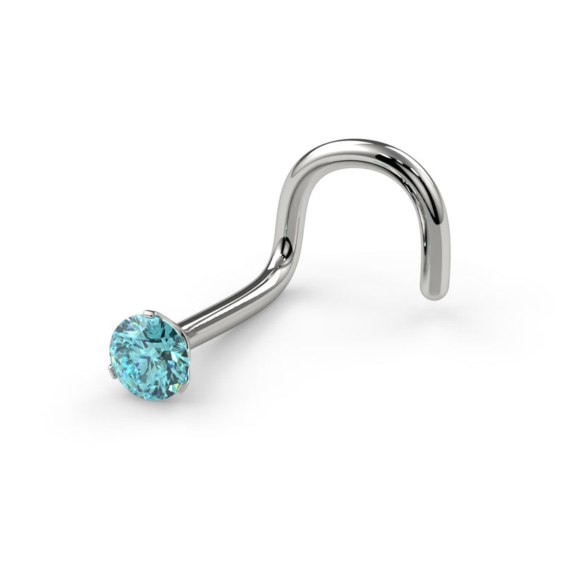 Side angle of 14k white gold aqua diamond twist nose ring showing screw shape and prong detail