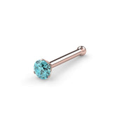 14k rose gold aqua diamond bone nose ring, angled view showing ball end and 3-prong setting